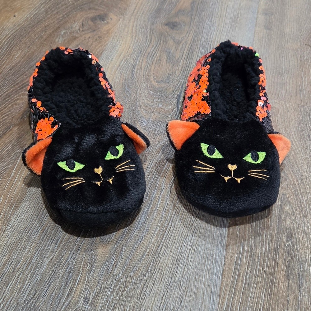 Black Cat Sequin Slippers Orange Halloween House Shoes Faux Fur Plush 9 Inch
